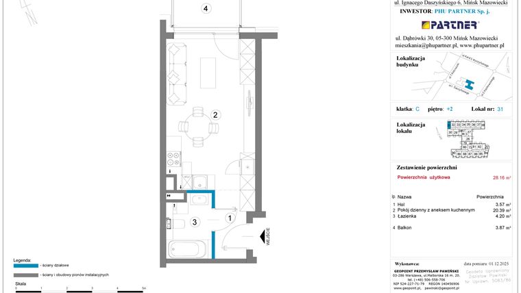 Rzut - Mieszkanie na sprzedaż 1 pokój o powierzchni 28,16 m² - numer 31 w Daszyńskiego Square etap 2