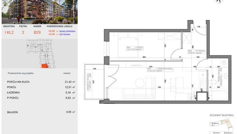 Rzut - Mieszkanie na sprzedaż 2 pokoje o powierzchni 45,9 m² - numer I-B29 w Industria etap I-B