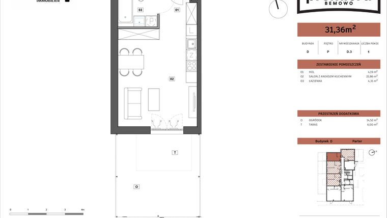 Rzut - Mieszkanie na sprzedaż 1 pokój o powierzchni 31,36 m² - numer D.03 w Premiera Bemowo