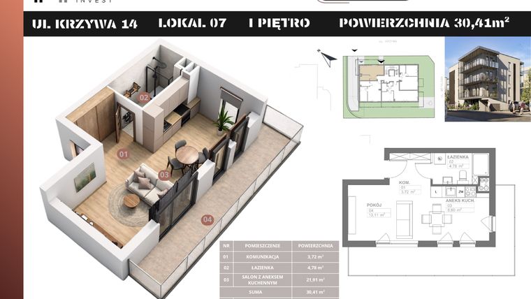 Rzut - Mieszkanie na sprzedaż 1 pokój o powierzchni 30,41 m² - numer M7 w Stacja Krzywa