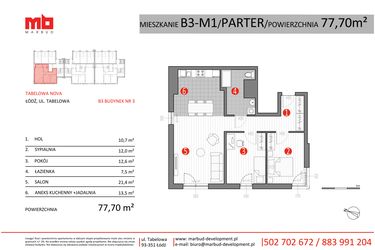 Rzut - Mieszkanie na sprzedaż 3 pokoje o powierzchni 77,7 m² - numer B3-M1 w Tabelowa NOVA