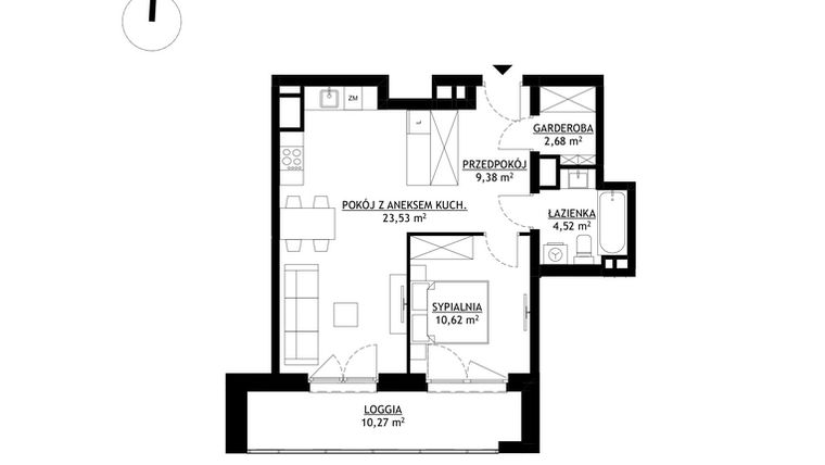 Rzut - Mieszkanie na sprzedaż 2 pokoje o powierzchni 50,73 m² - numer A13 w FUTURO