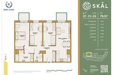 Rzut - Mieszkanie na sprzedaż 1 pokój o powierzchni 78,97 m² - numer M.25+26 w Skal