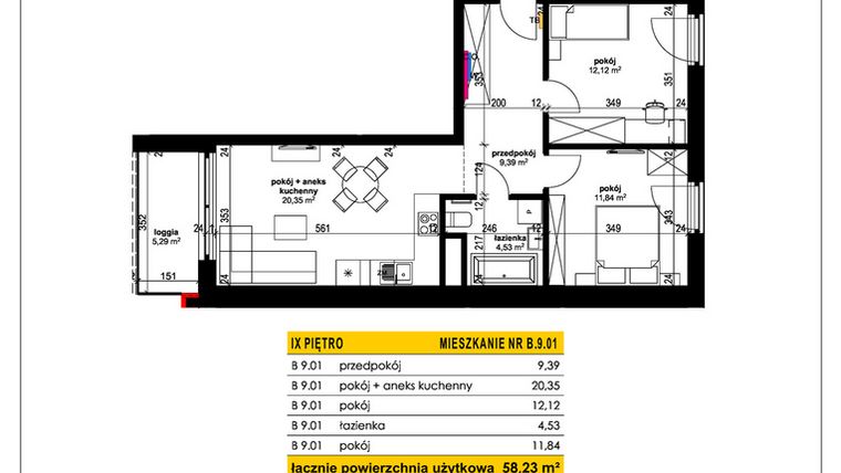 Rzut - Mieszkanie na sprzedaż 3 pokoje o powierzchni 58,23 m² - numer B 9.01 w Park Moniuszki II C