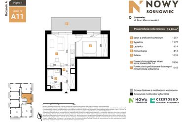 Rzut - Mieszkanie na sprzedaż 2 pokoje o powierzchni 35,98 m² - numer A11 w Nowy Sosnowiec