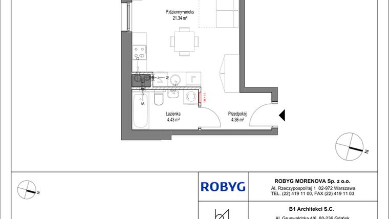 Rzut - Mieszkanie na sprzedaż 1 pokój o powierzchni 30,13 m² - numer A.1M04 w Leszczyńskich 2