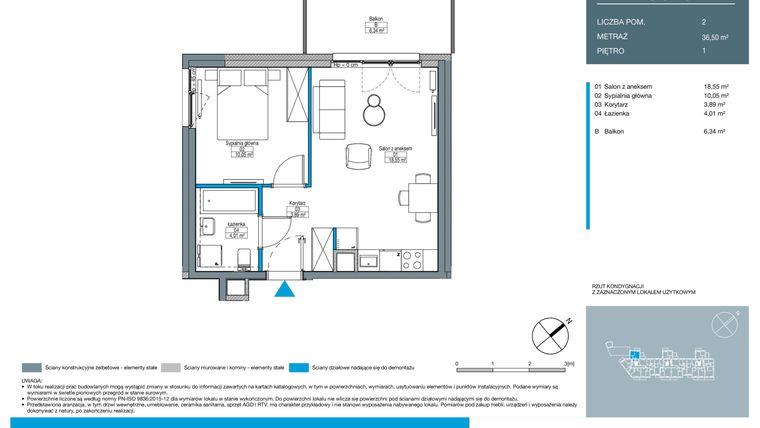 Rzut - Mieszkanie na sprzedaż 2 pokoje o powierzchni 36,5 m² - numer DC0101 w Talarowa Park II