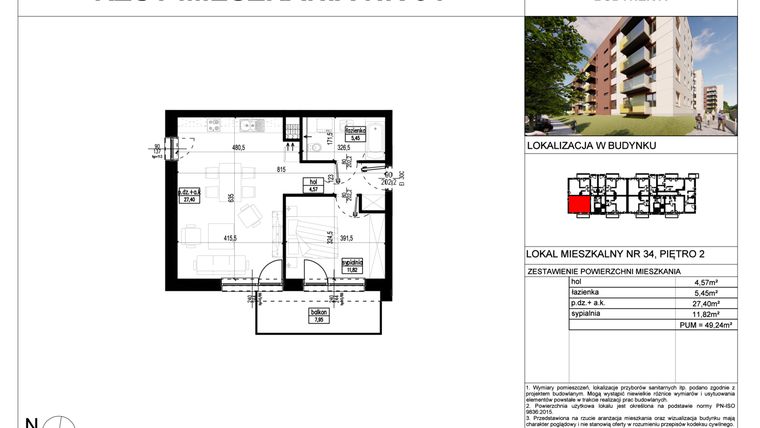 Rzut - Mieszkanie na sprzedaż 2 pokoje o powierzchni 49,24 m² - numer A.34 w Wólczańska 248 - etap II