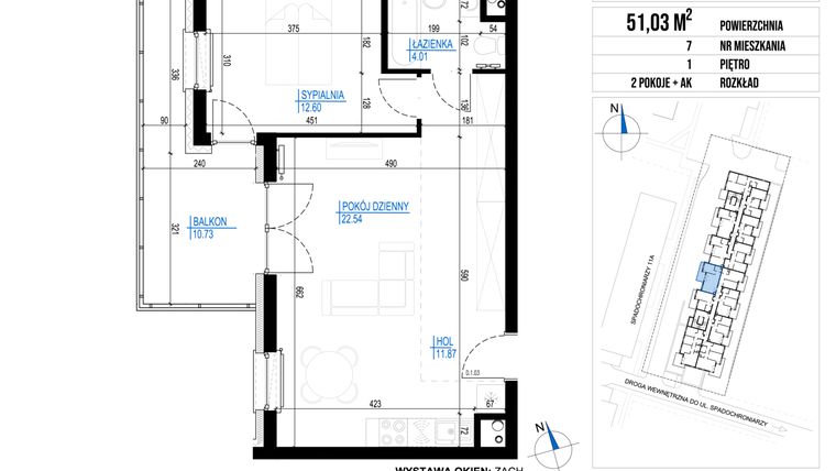 Rzut - Mieszkanie na sprzedaż 2 pokoje o powierzchni 51,03 m² - numer 7 w Vieniava edycja druga