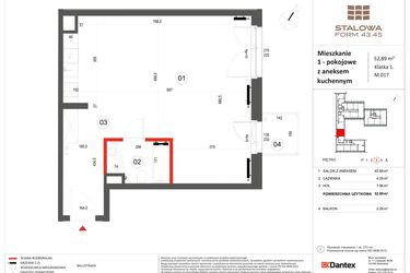 Rzut - Mieszkanie na sprzedaż 1 pokój o powierzchni 52,91 m² - numer 17 w Stalowa Form 43.45