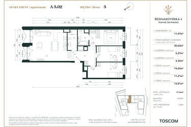 Rzut - Mieszkanie na sprzedaż 4 pokoje o powierzchni 91,36 m² - numer A/5/02 w Bernardyńska 4