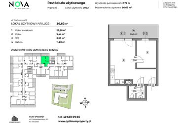 Rzut - Mieszkanie na sprzedaż 2 pokoje o powierzchni 36,62 m² - numer L.U. 22 w Nova Radiostacja - apartamenty inwestycyjne