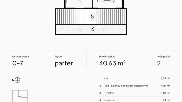 Rzut - Mieszkanie na sprzedaż 2 pokoje o powierzchni 40,63 m² - numer 0-7 w Pączka 1