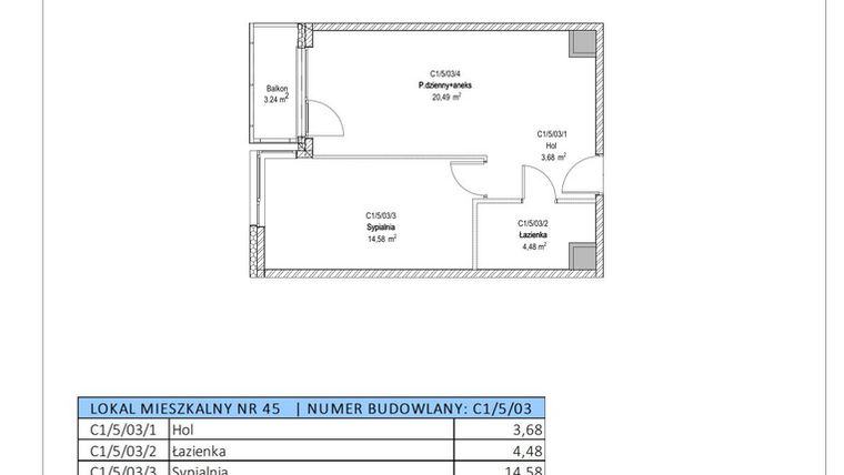 Rzut - Mieszkanie na sprzedaż 2 pokoje o powierzchni 43,23 m² - numer C1/5/03 w Chylońska STO10 etap III