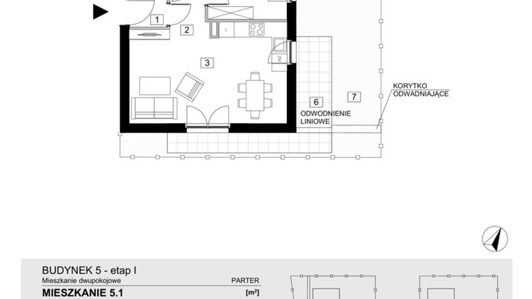 Rzut - Mieszkanie na sprzedaż 2 pokoje o powierzchni 43,41 m² - numer 5.1 w Jasieny