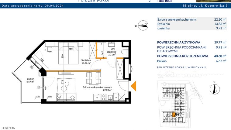 Rzut - Mieszkanie na sprzedaż 2 pokoje o powierzchni 40,68 m² - numer 1.06 w The Blue