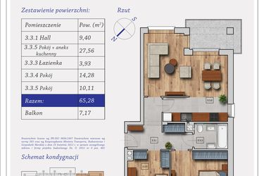 Rzut - Mieszkanie na sprzedaż 3 pokoje o powierzchni 65,28 m² - numer 51B.8 w Dębowa 51
