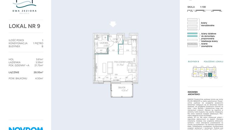 Rzut - Mieszkanie na sprzedaż 1 pokój o powierzchni 28,95 m² - numer B.9 w Dwa Jeziora