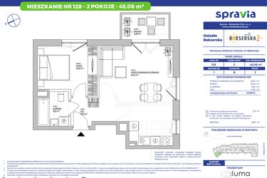 Rzut - Mieszkanie na sprzedaż 2 pokoje o powierzchni 45,08 m² - numer B1.128 w Osiedle Bokserska 2
