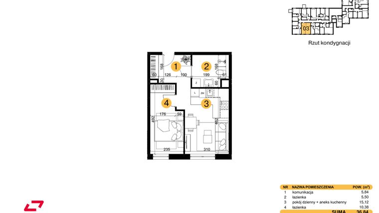 Rzut - Mieszkanie na sprzedaż 2 pokoje o powierzchni 36,84 m² - numer M03 w Punkt Wola