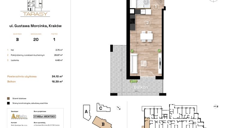Rzut - Mieszkanie na sprzedaż 1 pokój o powierzchni 34,1 m² - numer B20 w Krzesławickie Tarasy