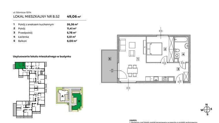 Rzut - Mieszkanie na sprzedaż 2 pokoje o powierzchni 49,06 m² - numer B.52 w Parkove Love