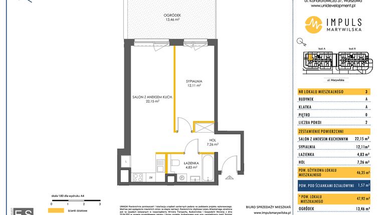 Rzut - Mieszkanie na sprzedaż 2 pokoje o powierzchni 46,35 m² - numer A/3 w Impuls Marywilska