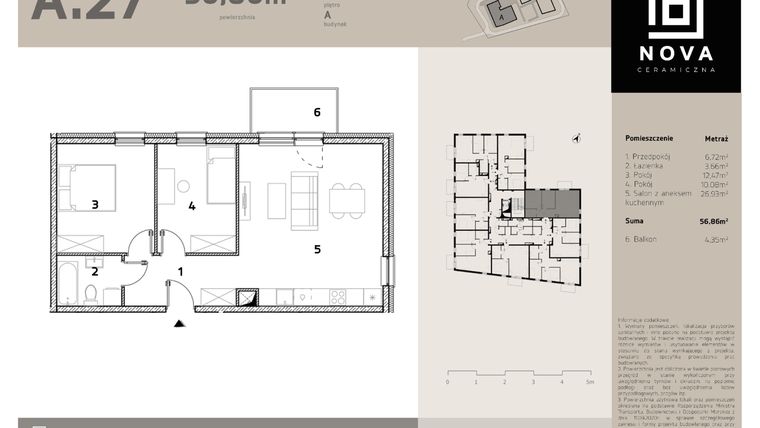 Rzut - Mieszkanie na sprzedaż 3 pokoje o powierzchni 59,86 m² - numer A27 w Nova Ceramiczna