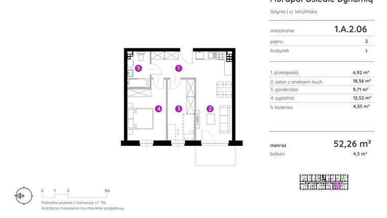 Rzut - Mieszkanie na sprzedaż 2 pokoje o powierzchni 52,26 m² - numer 1.A.2.06 w Murapol Osiedle Dynamiq