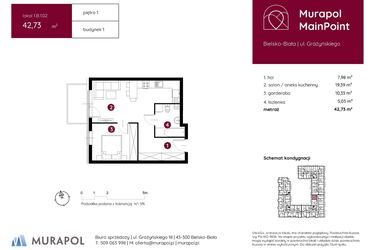 Rzut - Mieszkanie na sprzedaż 1 pokój o powierzchni 42,73 m² - numer 1.B.1.02 w Murapol MainPoint