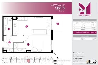 Rzut - Mieszkanie na sprzedaż 2 pokoje o powierzchni 41,15 m² - numer 1.D.1.3 w Maślice Wrocław Milo Dobry Deweloper etap IV