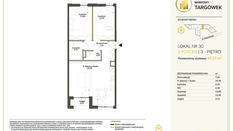 Rzut - Mieszkanie na sprzedaż 3 pokoje o powierzchni 69,11 m² - numer 30 w Markowy Targówek