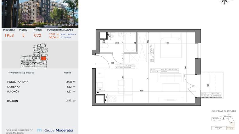 Rzut - Mieszkanie na sprzedaż 1 pokój o powierzchni 36,54 m² - numer I-C72 w Industria etap I-D oraz I-C