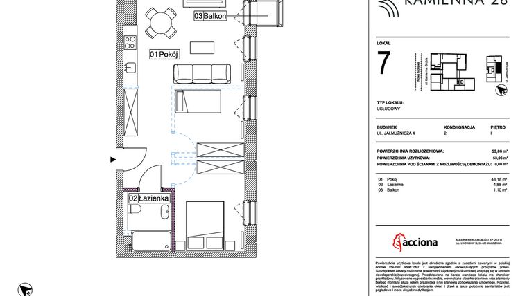 Rzut - Mieszkanie na sprzedaż 1 pokój o powierzchni 53,06 m² - numer 4.7 w Kamienna 28 - apartamenty inwestycyjne
