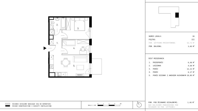 Rzut - Mieszkanie na sprzedaż 3 pokoje o powierzchni 50,73 m² - numer A6.36 w Dzikiej Jabłoni 6A