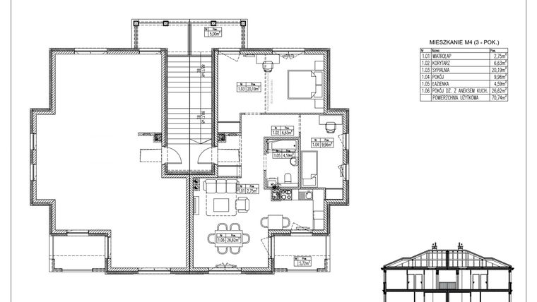 Rzut - Mieszkanie na sprzedaż 3 pokoje o powierzchni 70,74 m² - numer 40.2. w Ogrody Tesoro VI