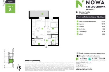 Rzut - Mieszkanie na sprzedaż 2 pokoje o powierzchni 48,48 m² - numer D8 w Nowa Częstochowa Małopolska etap II