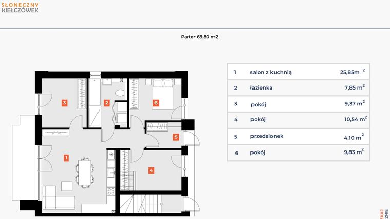 Rzut - Mieszkanie na sprzedaż 4 pokoje o powierzchni 69,8 m² - numer 5R/1 w Słoneczny Kiełczówek etap VI