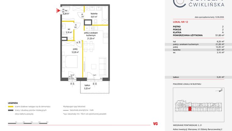 Rzut - Mieszkanie na sprzedaż 2 pokoje o powierzchni 51,6 m² - numer 12 w Concept Ćwiklińska