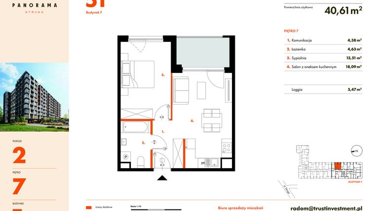 Rzut - Mieszkanie na sprzedaż 2 pokoje o powierzchni 40,61 m² - numer F51 w Panorama Struga