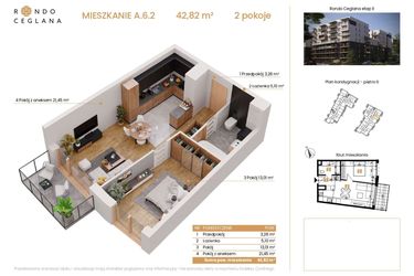Rzut - Mieszkanie na sprzedaż 2 pokoje o powierzchni 42,82 m² - numer A.6.2 w Rondo Ceglana etap II