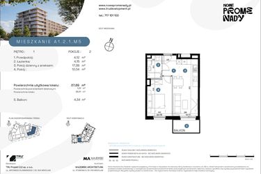 Rzut - Mieszkanie na sprzedaż 2 pokoje o powierzchni 37,69 m² - numer A1.2.1.M5 w Nowe Promenady