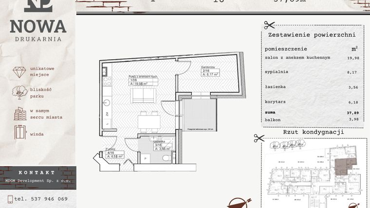 Rzut - Mieszkanie na sprzedaż 2 pokoje o powierzchni 37,89 m² - numer M16 w Nowa Drukarnia