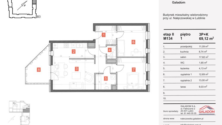 Rzut - Mieszkanie na sprzedaż 3 pokoje o powierzchni 69,12 m² - numer M-134 w Nałęczowska etap II