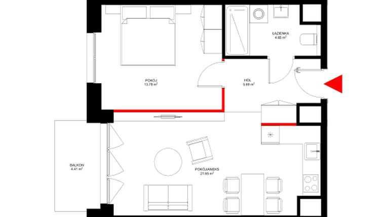 Rzut - Mieszkanie na sprzedaż 2 pokoje o powierzchni 45,97 m² - numer E.7.1 w INSPIRE ETAP IV – bud. E