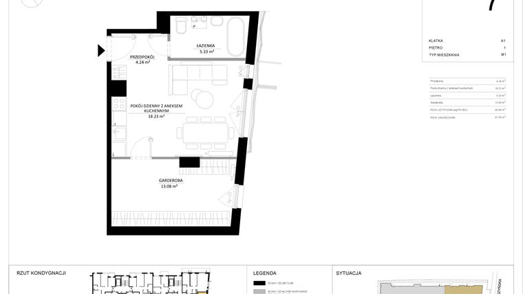 Rzut - Mieszkanie na sprzedaż 1 pokój o powierzchni 40,88 m² - numer 7 w SILO