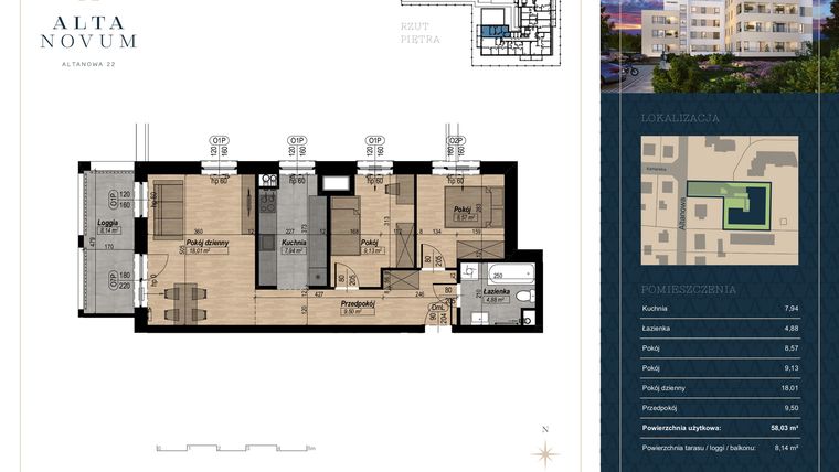 Rzut - Mieszkanie na sprzedaż 3 pokoje o powierzchni 58,03 m² - numer 18 w Alta Novum