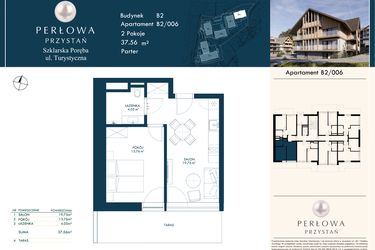 Rzut - Mieszkanie na sprzedaż 2 pokoje o powierzchni 37,56 m² - numer B2/006 w Perłowa Przystań - Szklarska Poręba
