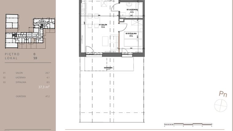 Rzut - Mieszkanie na sprzedaż 2 pokoje o powierzchni 37,3 m² - numer 59 w BETWEEN