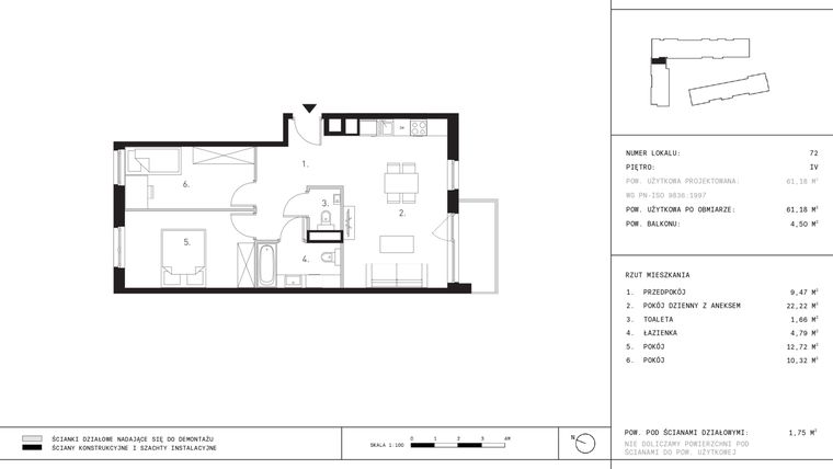 Rzut - Mieszkanie na sprzedaż 3 pokoje o powierzchni 61,18 m² - numer K1.4 w Myśliborska III etap